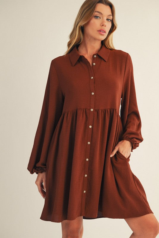 Brown Tiered Back Detail Button Down Dress