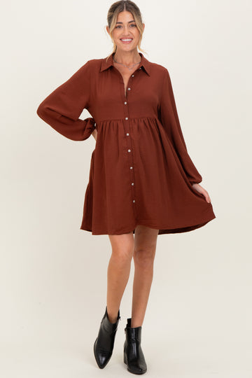 Brown Tiered Back Detail Button Down Maternity Dress