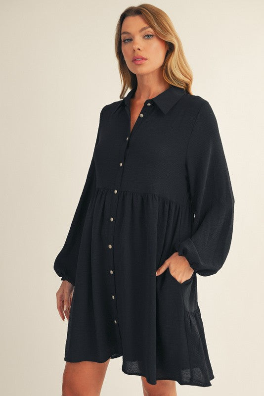 Black Tiered Back Detail Button Down Dress