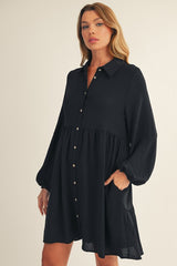 Black Tiered Back Detail Button Down Dress