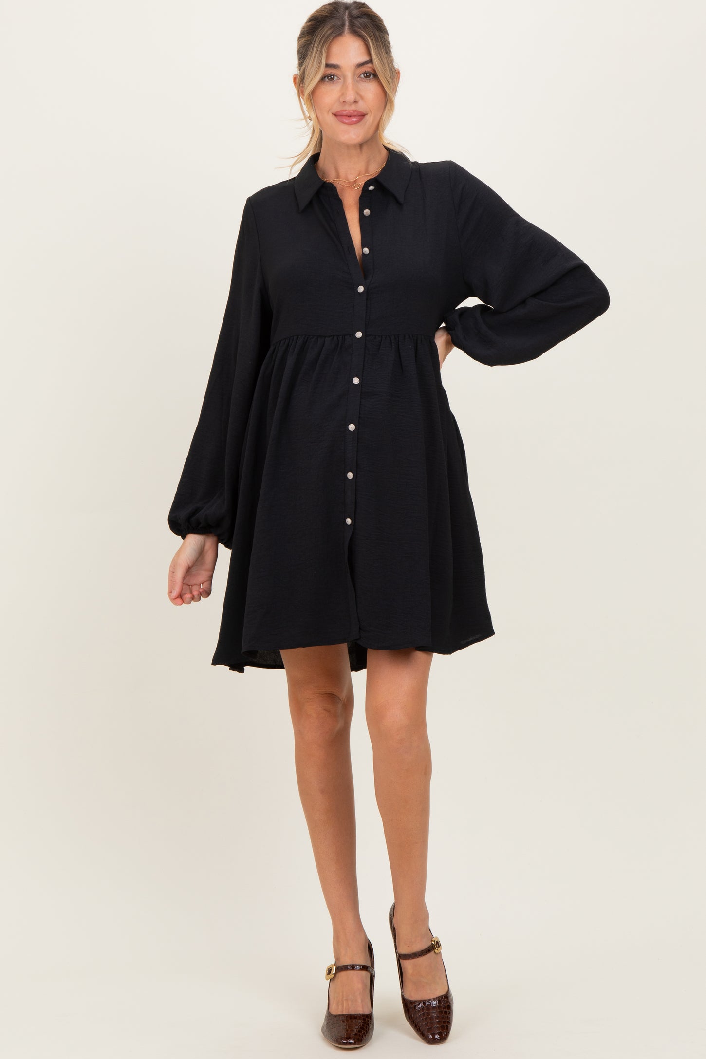Black Tiered Back Detail Button Down Maternity Dress