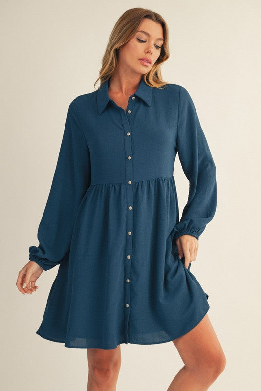 Dark Teal Tiered Back Detail Button Down Dress