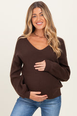 Brown V-Neck Drop Shoulder Back Bow Tie Detail Maternity Sweater
