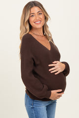 Brown V-Neck Drop Shoulder Back Bow Tie Detail Maternity Sweater
