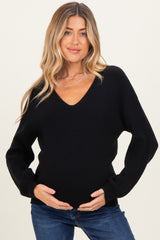 Black V-Neck Drop Shoulder Back Bow Tie Detail Maternity Sweater