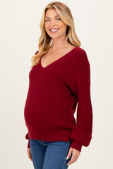 Burgundy V-Neck Drop Shoulder Back Bow Tie Detail Maternity Sweater