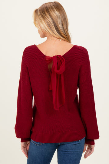 Burgundy V-Neck Drop Shoulder Back Bow Tie Detail Maternity Sweater