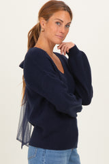 Navy V-Neck Drop Shoulder Back Bow Tie Detail Sweater