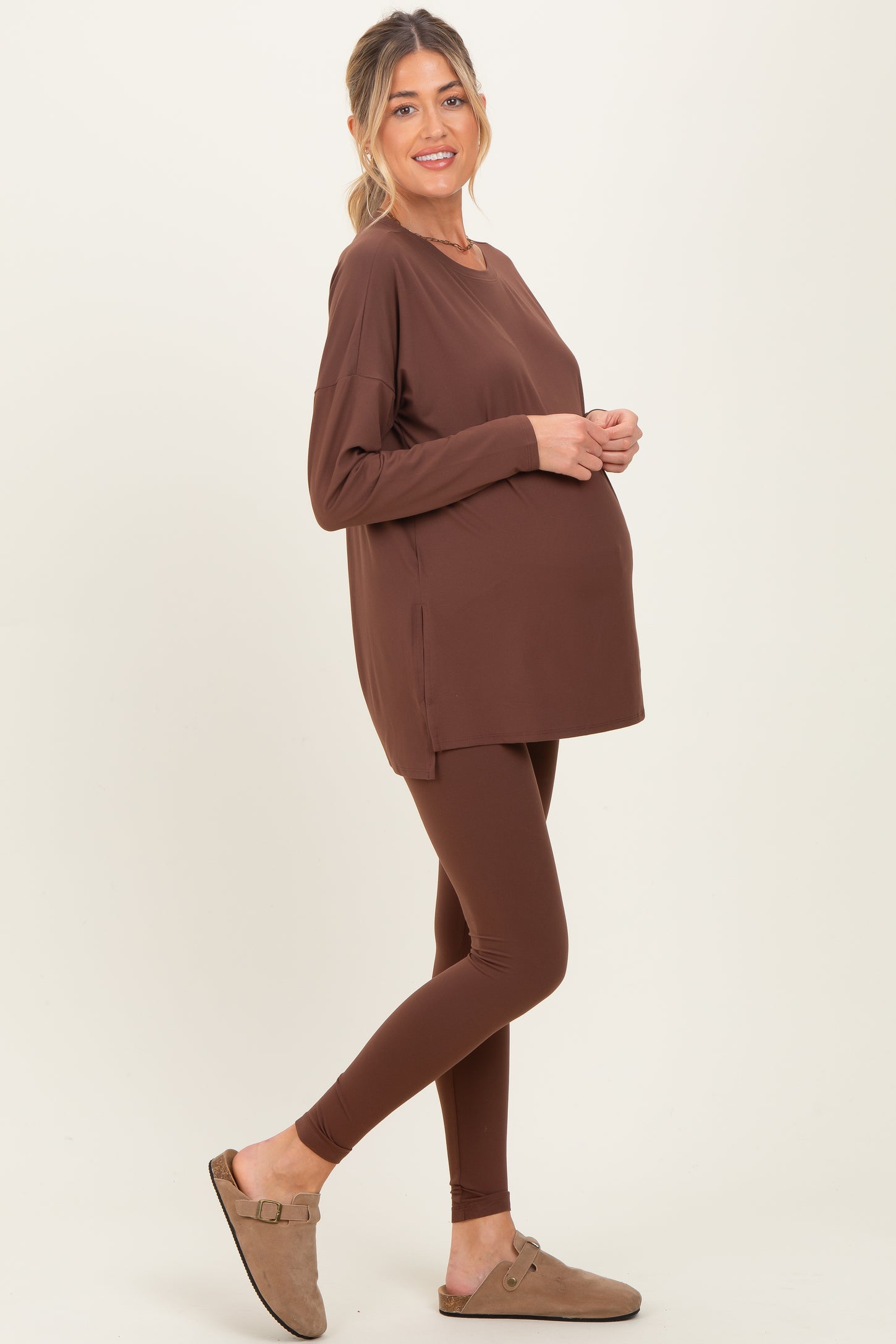 Brown Brushed Knit Maternity Oversized Top and Legging Set