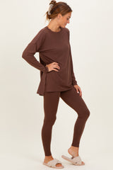 Brown Brushed Knit Oversized Top and Legging Set