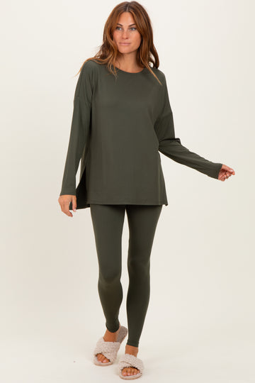 Olive Brushed Knit Oversized Top and Legging Set