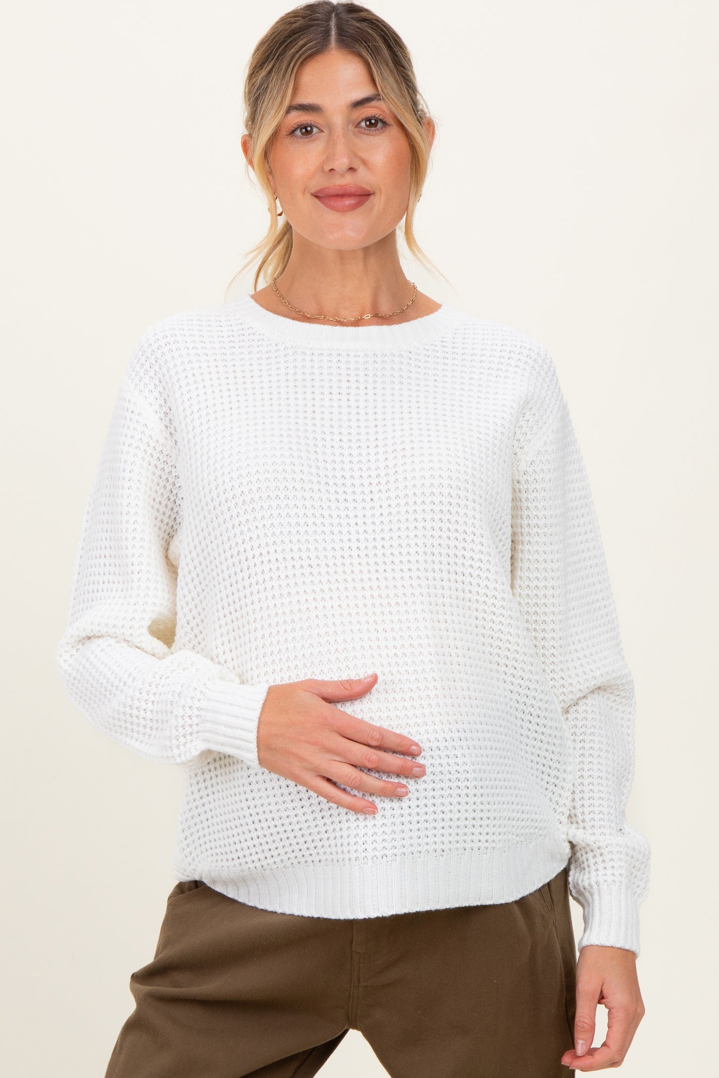 Ivory Waffle Knit Rounded Hem Maternity Sweater