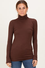 Brown Brushed Knit Basic Turtleneck Top