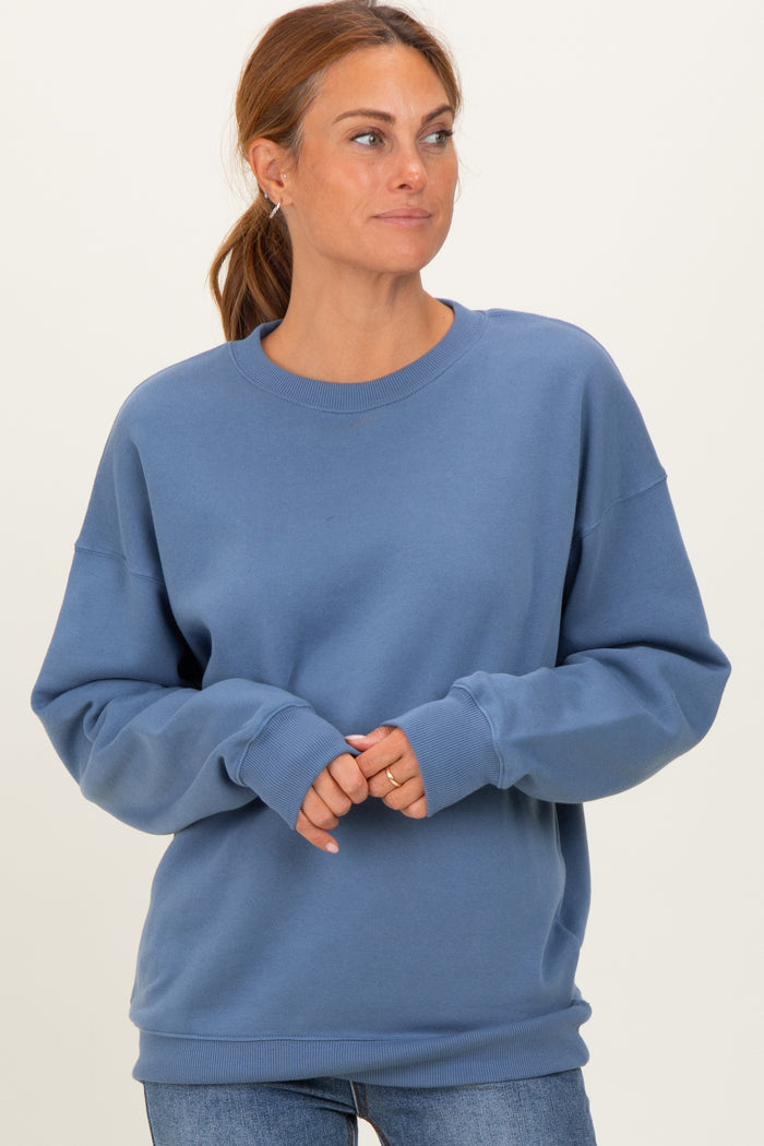 Dusty Blue  Fleece Crew Neck Relaxed Fit Sweatshirt