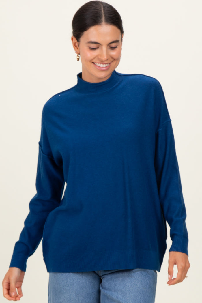Navy Mock Neck Exposed Seam Maternity Sweater