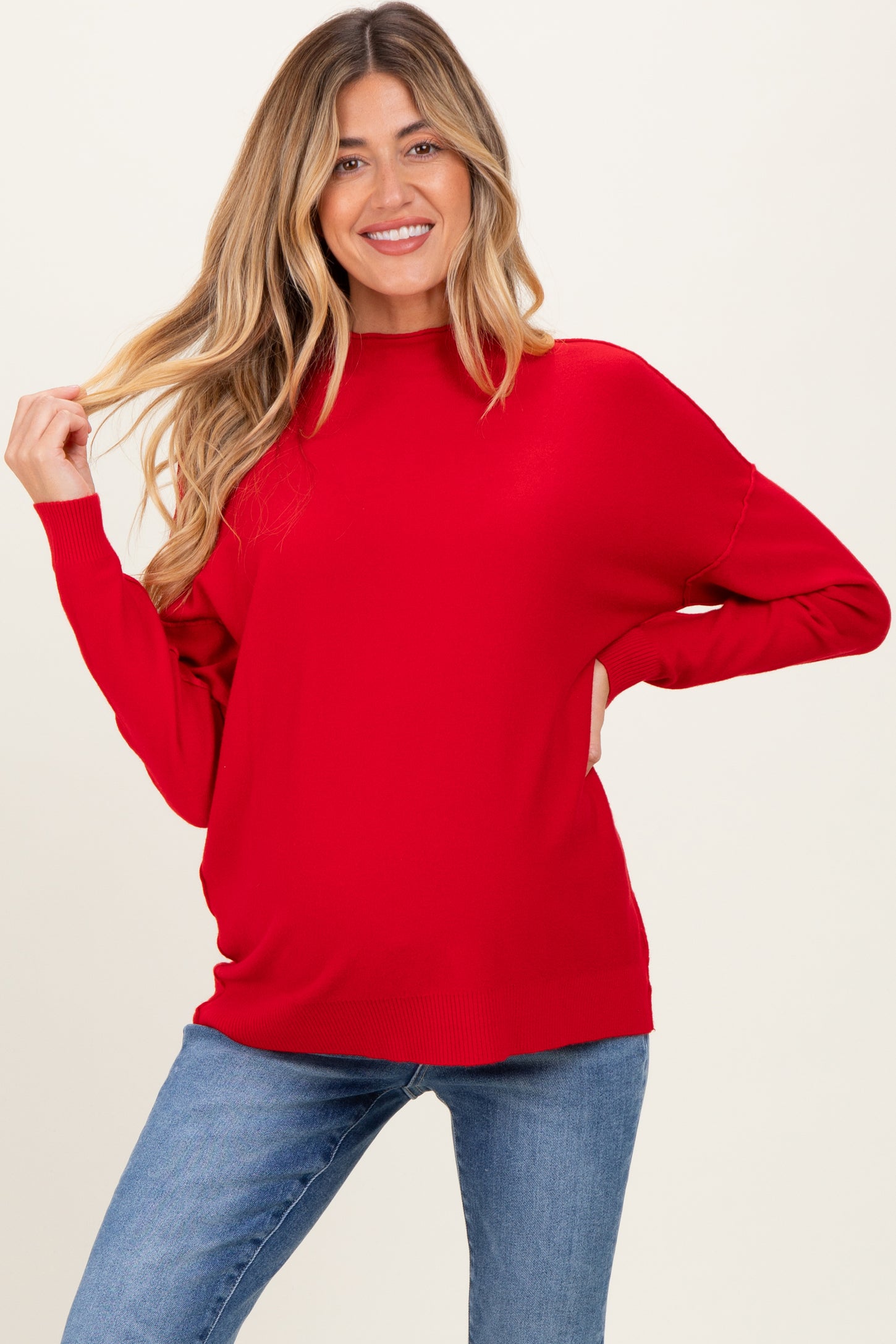 Red Mock Neck Exposed Seam Maternity Sweater