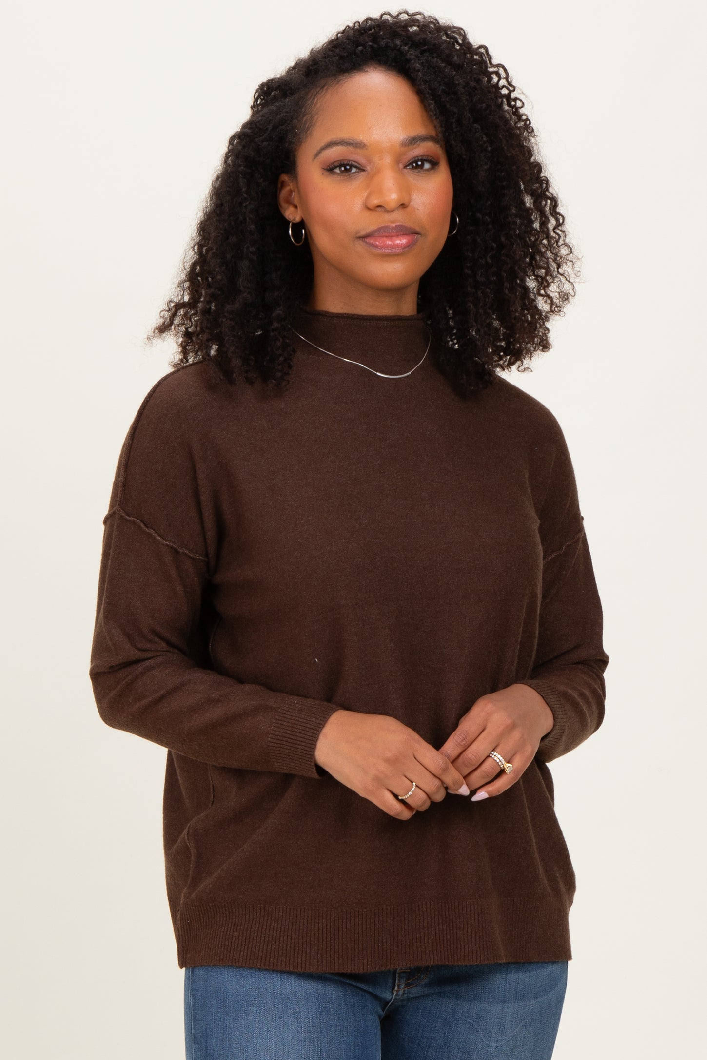 Brown Mock Neck Exposed Seam Maternity Sweater