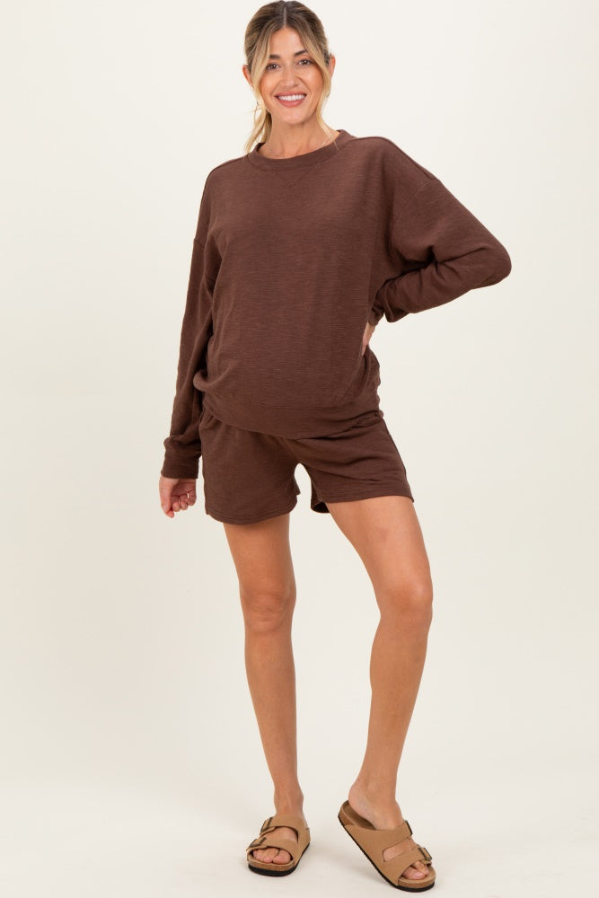 Brown Maternity Pullover & Shorts Set