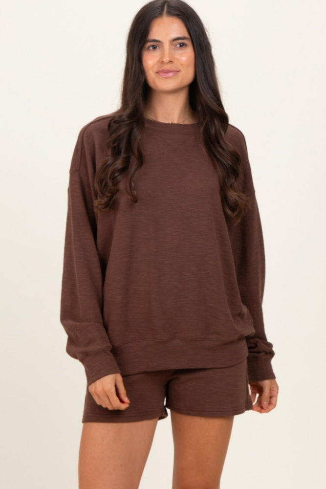 Brown Maternity Pullover & Shorts Set
