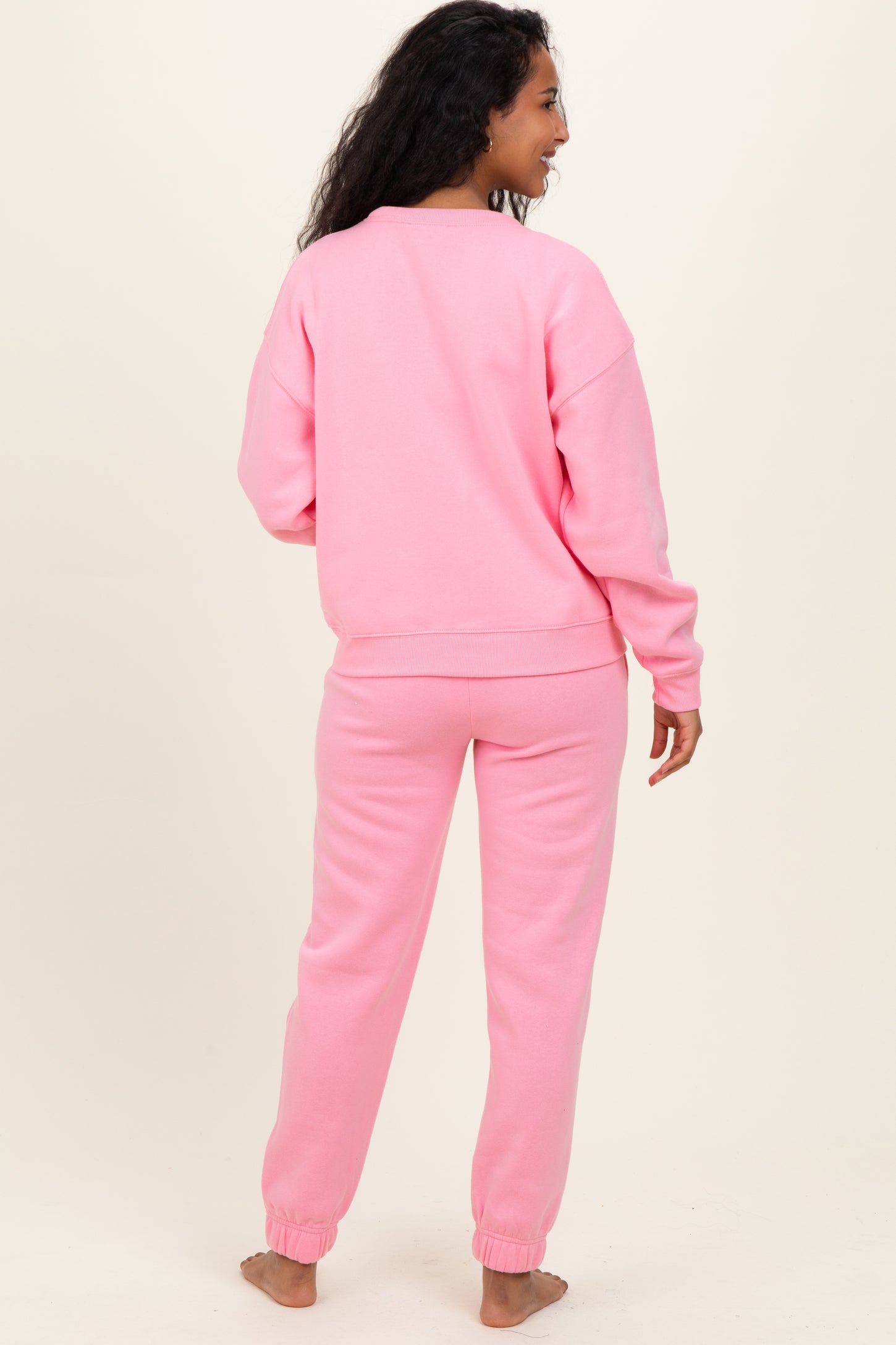 Pink Fleece Long Sleeve Maternity Pullover & Jogger Set