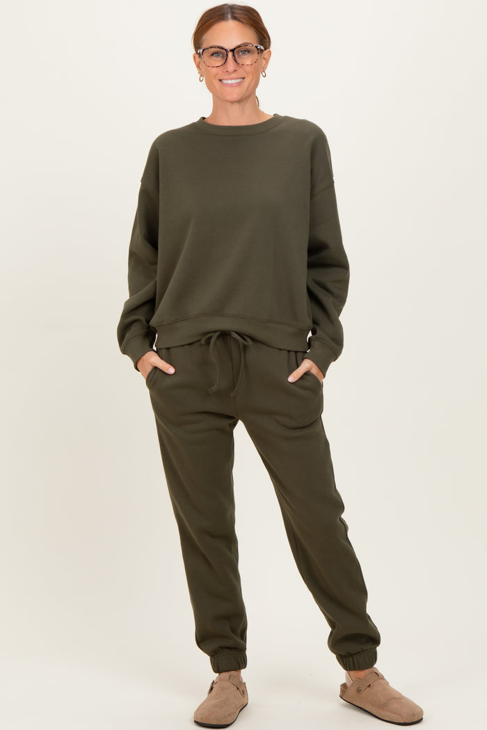 Olive Fleece Long Sleeve Maternity Pullover & Jogger Set