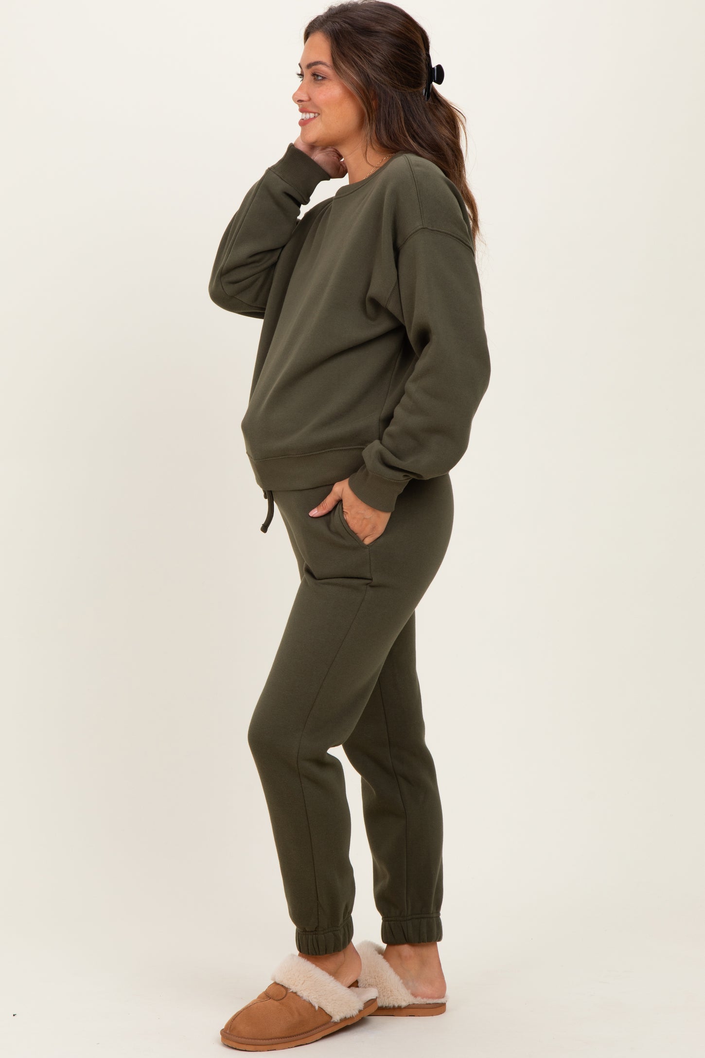 Olive Fleece Long Sleeve Maternity Pullover & Jogger Set