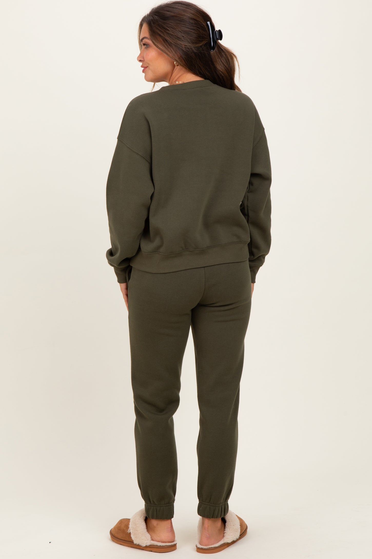 Olive Fleece Long Sleeve Maternity Pullover & Jogger Set