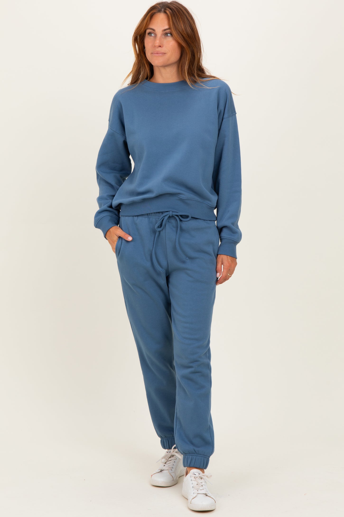 Dusty Blue Fleece Long Sleeve Maternity Pullover & Jogger Set