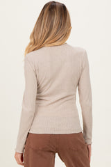 Beige Ribbed Mock Neck Ruffle Hem Maternity Long Sleeve Top