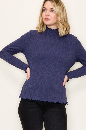 Navy Ribbed Mock Neck Ruffle Hem Long Sleeve Top