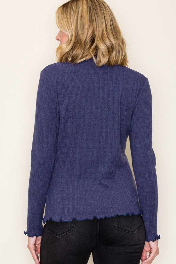 Navy Ribbed Mock Neck Ruffle Hem Long Sleeve Top