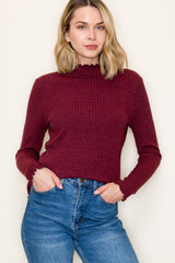 Burgundy Ribbed Mock Neck Ruffle Hem Long Sleeve Top