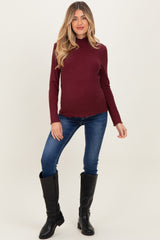 Burgundy Ribbed Mock Neck Ruffle Hem Maternity Long Sleeve Top