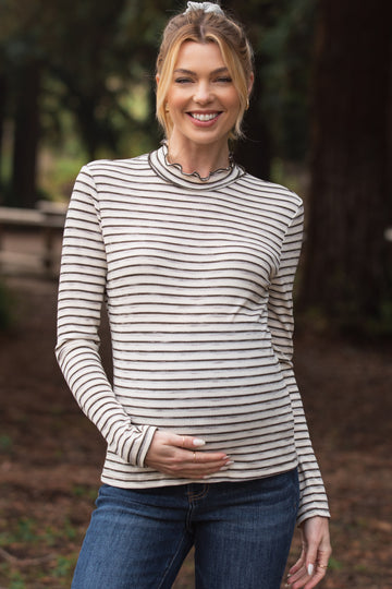 Olive Striped Ribbed Mock Neck Ruffle Hem Maternity Top
