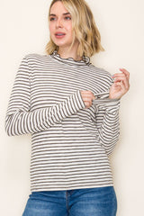 Olive Striped Ribbed Mock Neck Ruffle Hem Top