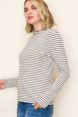 Olive Striped Ribbed Mock Neck Ruffle Hem Top