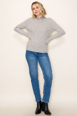 Olive Striped Ribbed Mock Neck Ruffle Hem Top