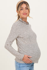 Olive Striped Ribbed Mock Neck Ruffle Hem Maternity Top