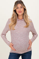 Burgundy Striped Ribbed Mock Neck Ruffle Hem Maternity Top