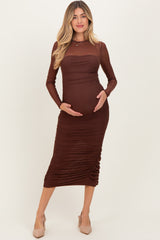 Brown Mesh Ruched Long Sleeve Maternity Midi Dress