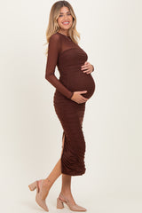 Brown Mesh Ruched Long Sleeve Maternity Midi Dress