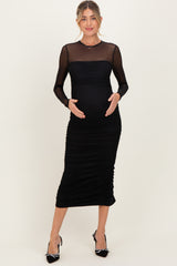 Black Mesh Ruched Long Sleeve Maternity Midi Dress