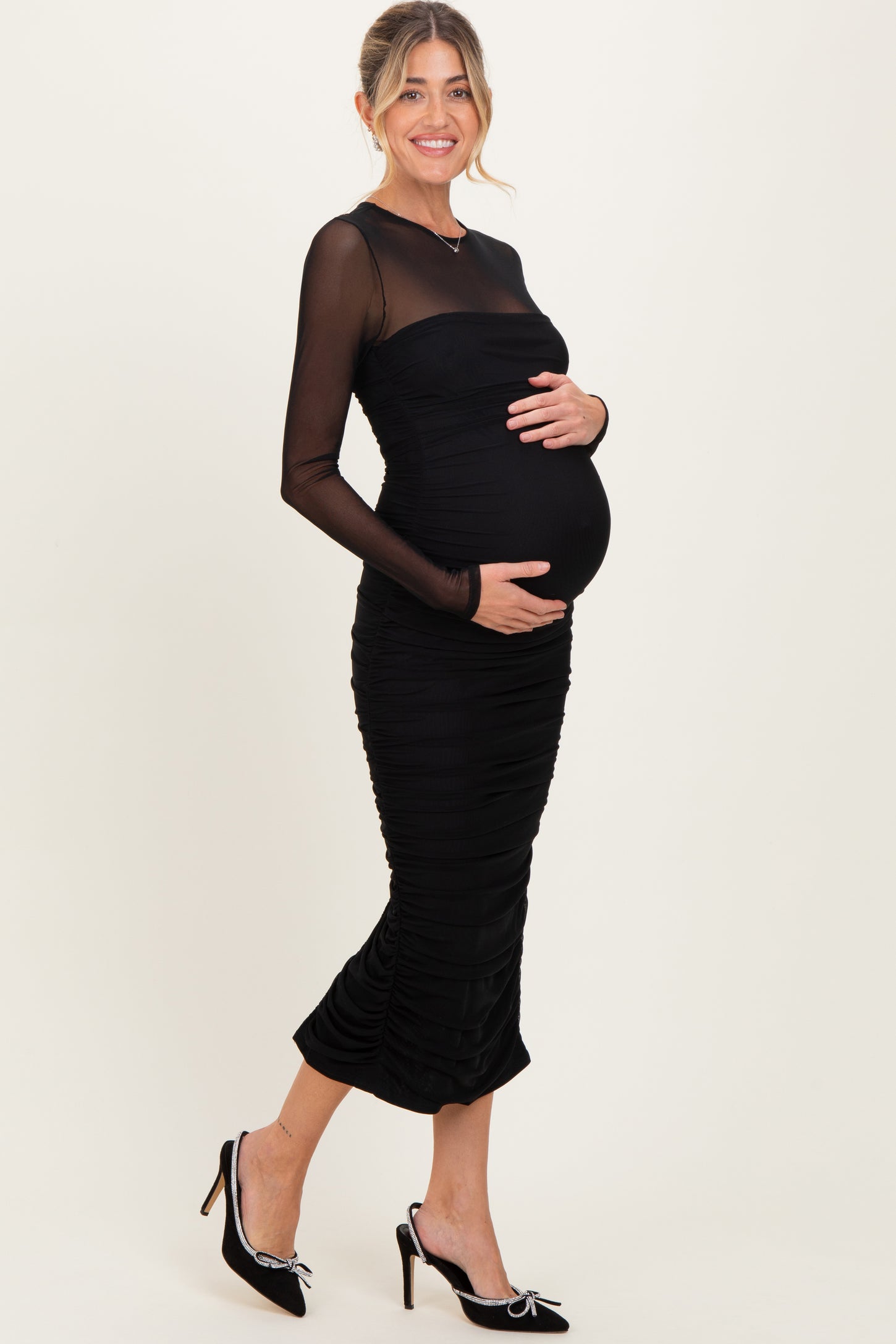 Black Mesh Ruched Long Sleeve Maternity Midi Dress