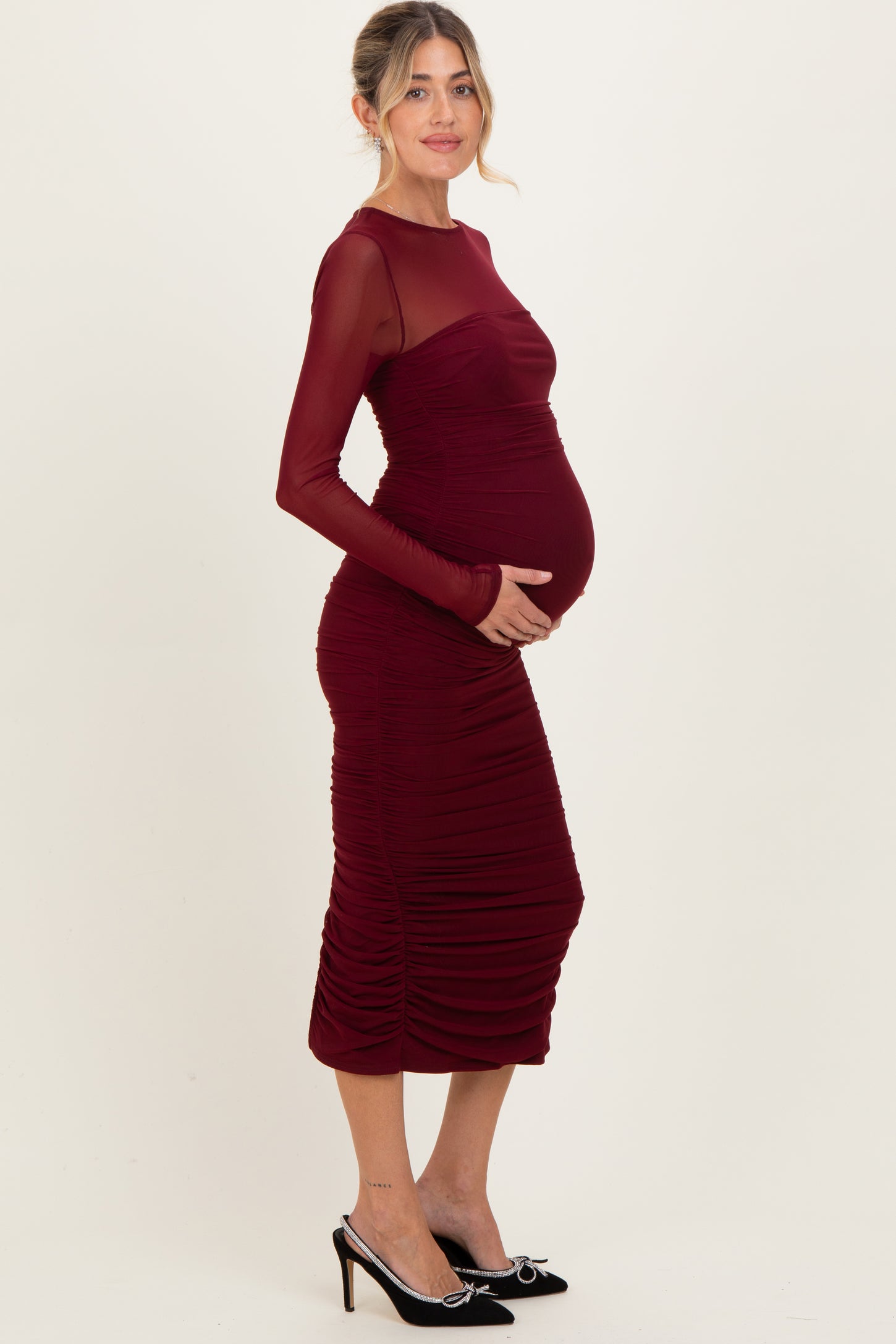 Burgundy Mesh Ruched Long Sleeve Maternity Midi Dress