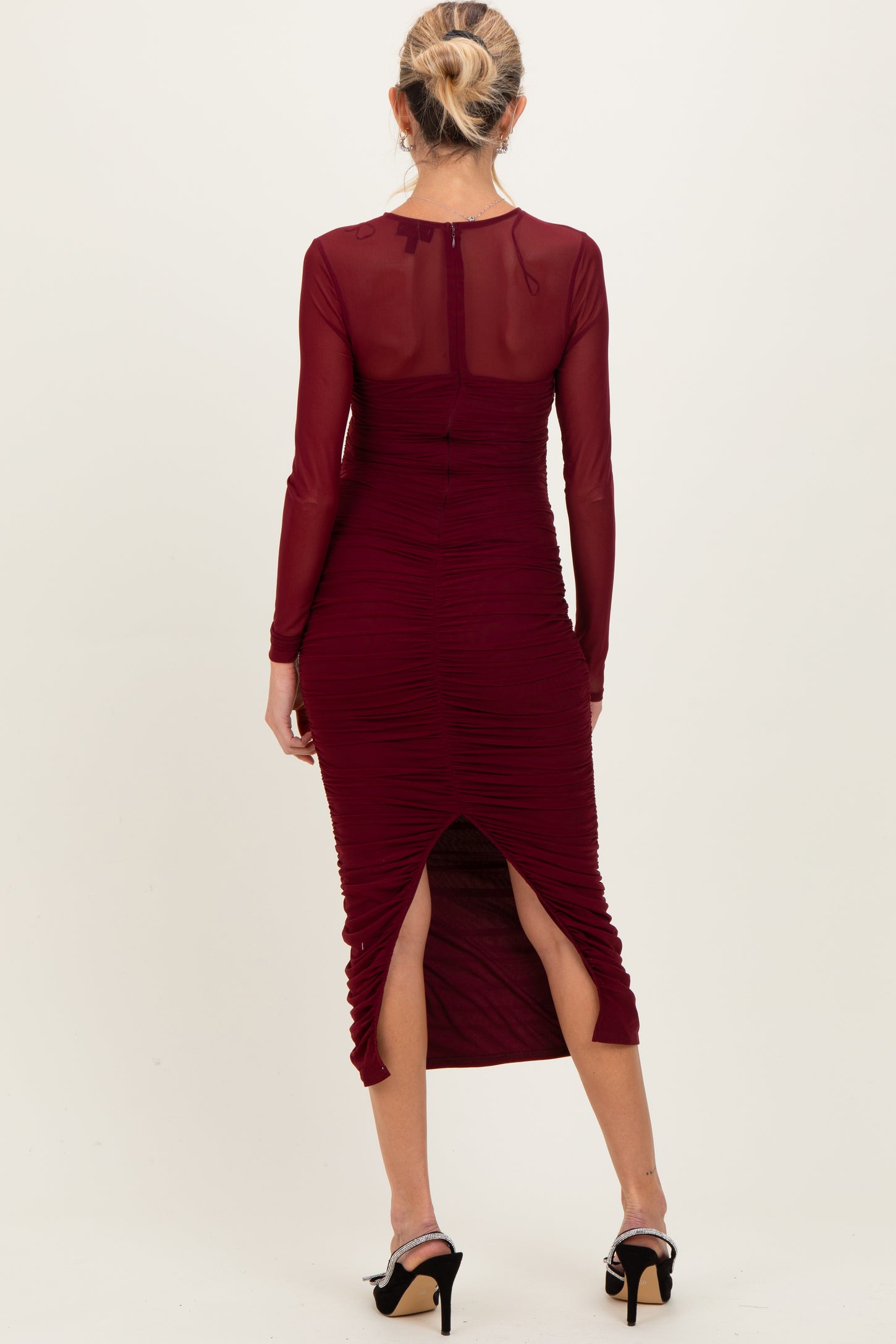 Burgundy Mesh Ruched Long Sleeve Maternity Midi Dress