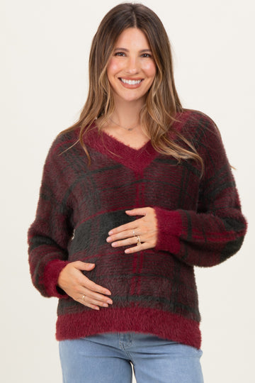 Burgundy Plaid Fuzzy Knit V-Neck Maternity Sweater