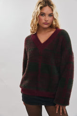 Burgundy Plaid Fuzzy Knit V-Neck Sweater