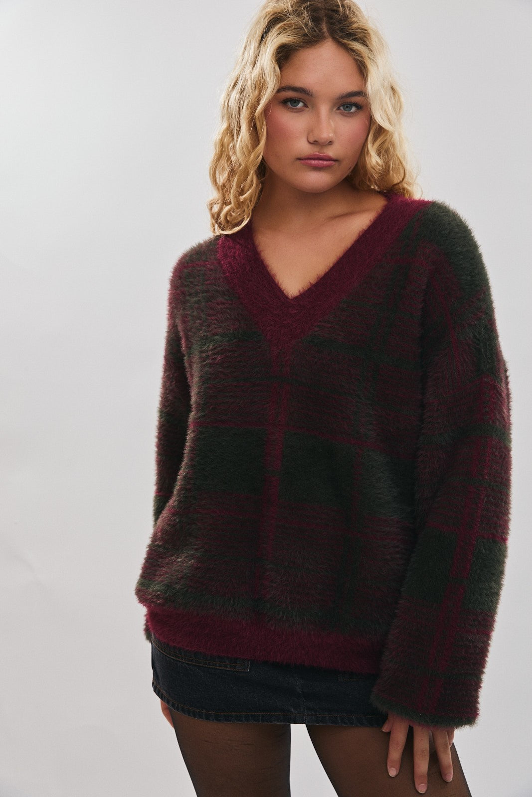 Burgundy Plaid Fuzzy Knit V-Neck Maternity Sweater