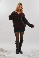 Burgundy Plaid Fuzzy Knit V-Neck Sweater