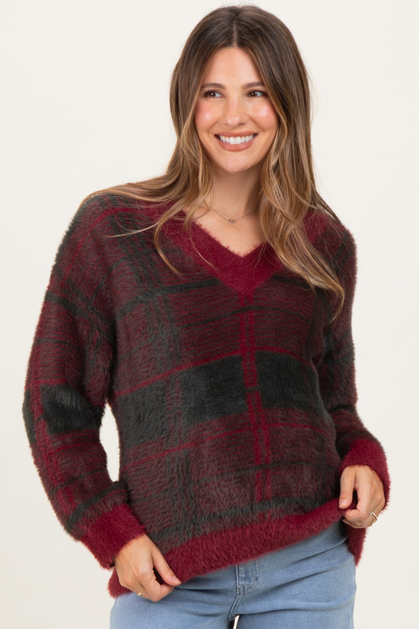 Burgundy Plaid Fuzzy Knit V-Neck Maternity Sweater